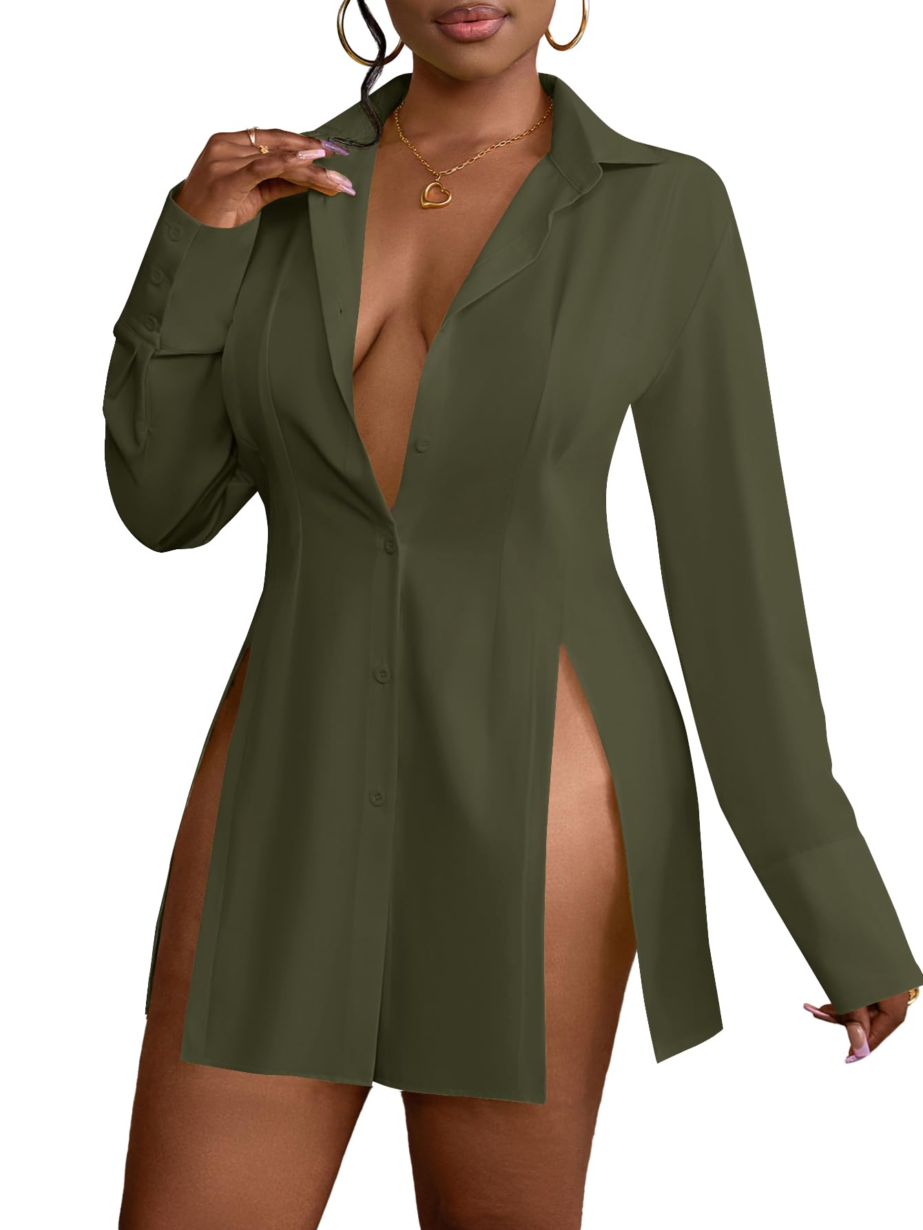 LYANER Women's Button Down Shirt Dress Collar V Neck Long Sleeve Slit Sexy Shirt Dresses