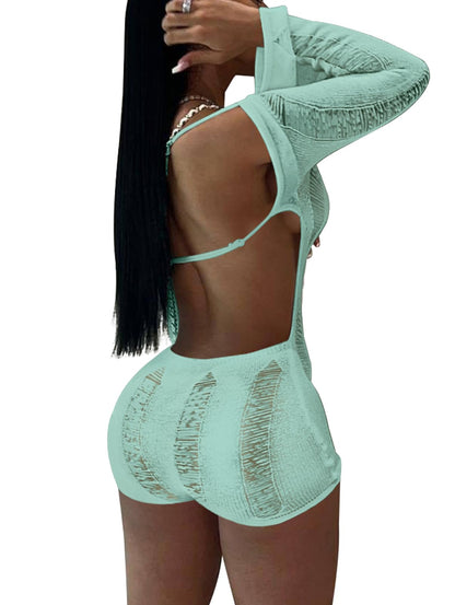 Women Sexy Off Shoulder Crochet Knitted Hollow Out Long Sleeve Romper Backless Bodycon Party Club Night Rompers