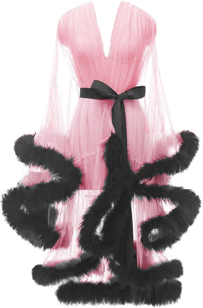 Tulle Feather Robe Sexy Sheer Mesh Fur Bridal Illusion Boudoir Bathrobe Nightgown Christmas Lingerie