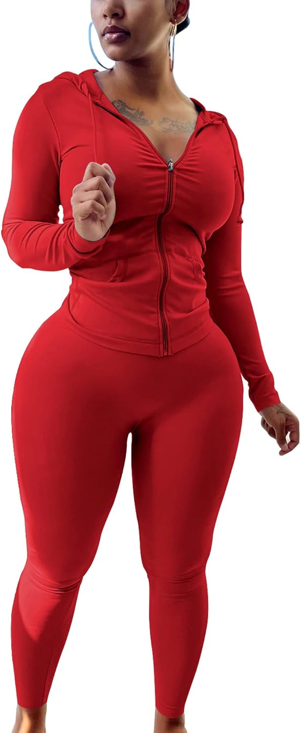 PINSV Women Two Piece Outfits Workout Sets Bodycon Tracksuit Long Sleeve Zip Up Hoodie Jacket Jogger Matching Sweat Pants Set