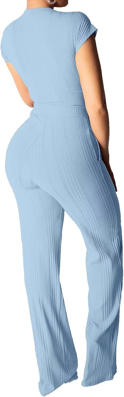 EDITCOZY Women 2 Piece Outfits Sexy Tie Front Crop Top Wide Leg Pants Sets Casual Summer Ribbed Two Piece Set