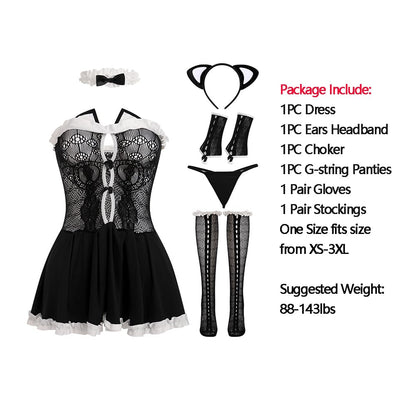 ABAFIP Women's Cute Cosplay Outfits Kawaii Anime Role Play Cow Kitten Ear Headband Stockings Ruffle Mini Dress set