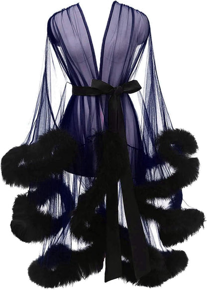 Tulle Feather Robe Sexy Sheer Mesh Fur Bridal Illusion Boudoir Bathrobe Nightgown Christmas Lingerie