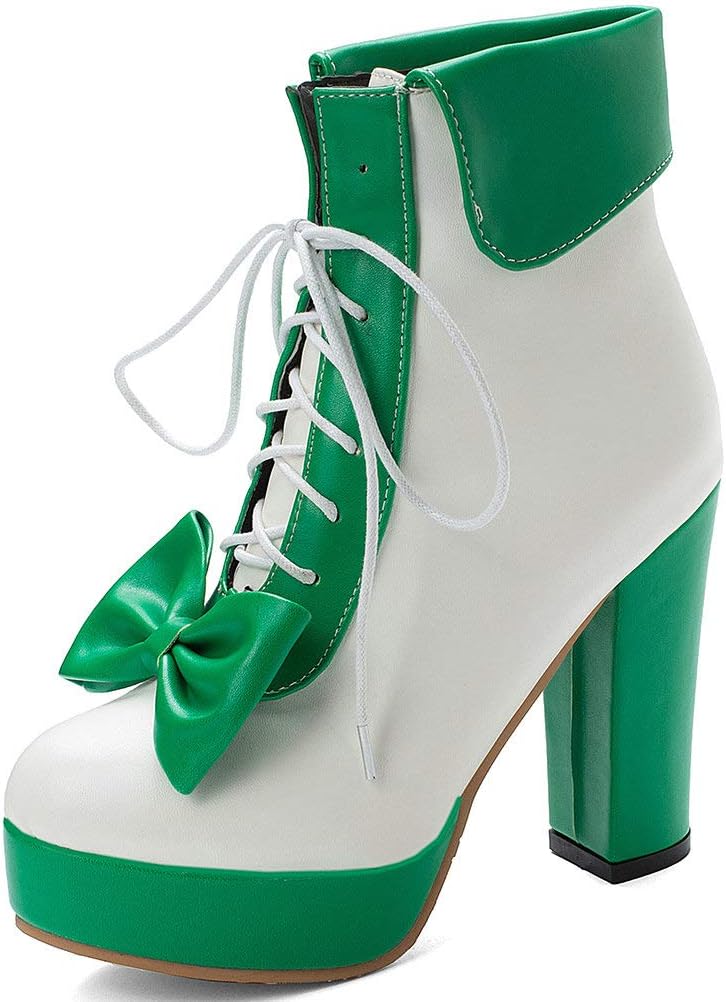 Parisuit Womens Dress Kawaii Boots Chunky High Heel Platform Ankle Booties Lace Up Sweet Bow Shoes