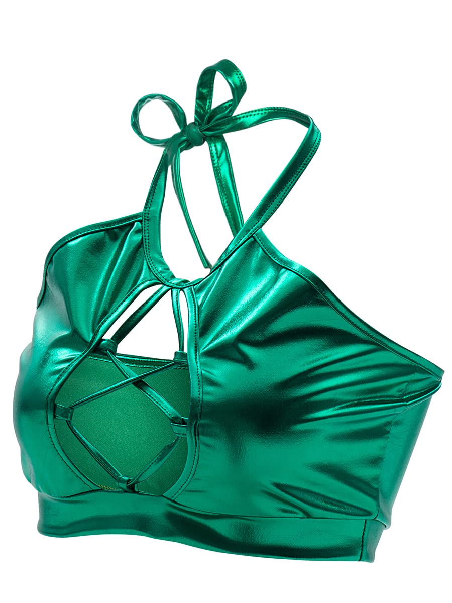 Womens Shiny Metallic Halter Tank Vest Bra Crop Tube Top Sexy Outfits for Festival Rave Dance Clubwear