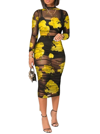Women Sexy 3 Piece Outfits Set See Through Print Long Sleeve Midi Dress Sheer Mesh Crop Tank Tops Bodycon Skirt