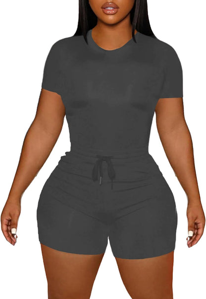 LovelyWholesale Women's Summer 2 Piece Outfits Skinny Shorts Tracksuit Sets