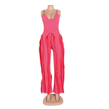 PRIVIMIX Women 2 Piece Outfits Fringe Tassel Long Pants Set Adjustable Suspenders Bodysuit Spaghetti Strap Clubwear Jumpsuits