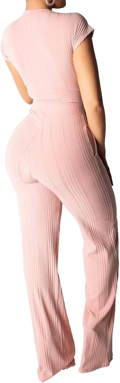 EDITCOZY Women 2 Piece Outfits Sexy Tie Front Crop Top Wide Leg Pants Sets Casual Summer Ribbed Two Piece Set
