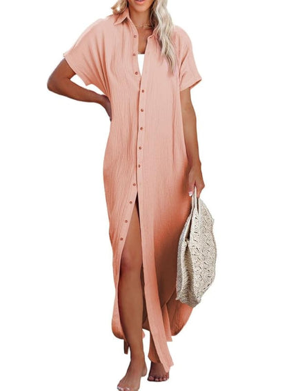Dokotoo Womens Casual Short Sleeve Side Split Button Down Long Kimonos Cardigans Swimsuit Cover Ups Summer Beach Dress