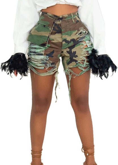 Seltaon Women’s Camo Cargo Shorts Casual High Waisted Ripped Frayed Camouflage Shorts Army Fatigue Shorts with Pockets