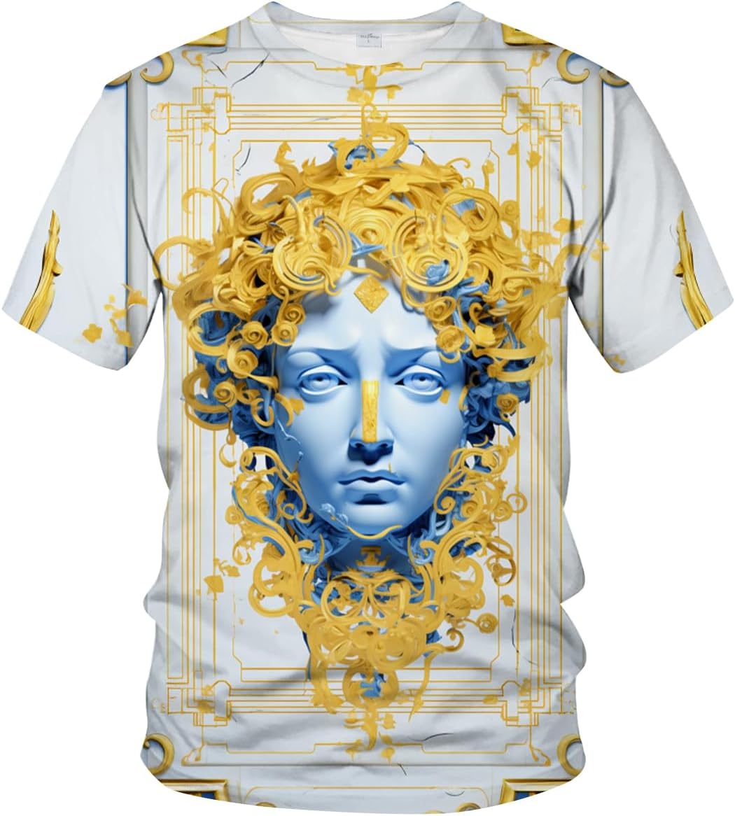LAOLIUSN Men's Gold Shiny Printed T-Shirt - Golden Ornate Theme, Floral Graphic Tee Shirt