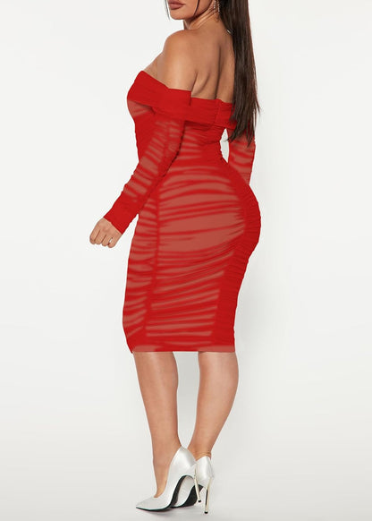 MOEENCN Mesh Long Sleeve Ruched Dress Sexy Off Shoulder Bodycon Women Knee Length Party Date Night Outfits