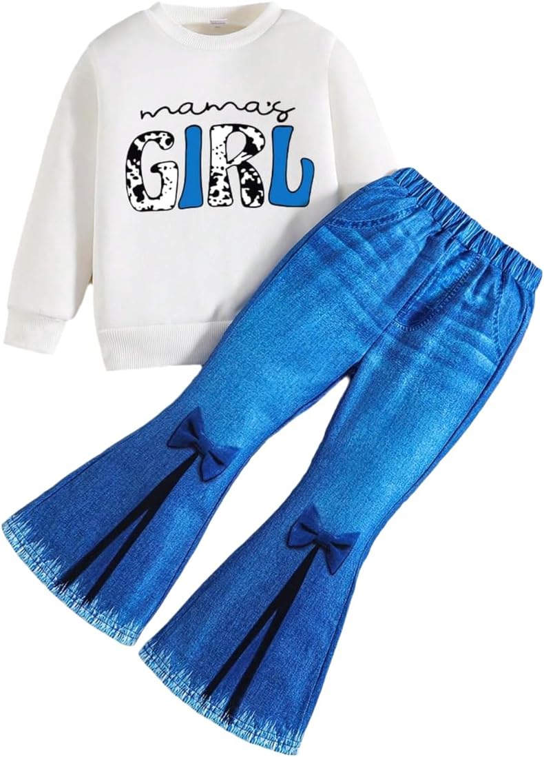 Toddler Girl Clothes Long Sleeve Cartoon & Letter Graphic Top + Fruit Stationery Print Flared Leg Pants