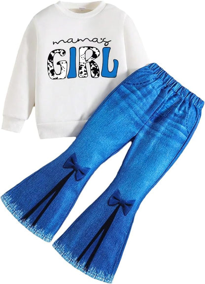 Toddler Girl Clothes Long Sleeve Cartoon & Letter Graphic Top + Fruit Stationery Print Flared Leg Pants