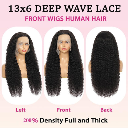 Water Wave 13x6 HD Transparent Lace Front Wigs Human Hair 180 Density Wet and Wavy Human Hair Wigs for Women Curly Lace Front Wig Human Hair Pre Plucked with Baby Hair Natural Color (18 Inch)