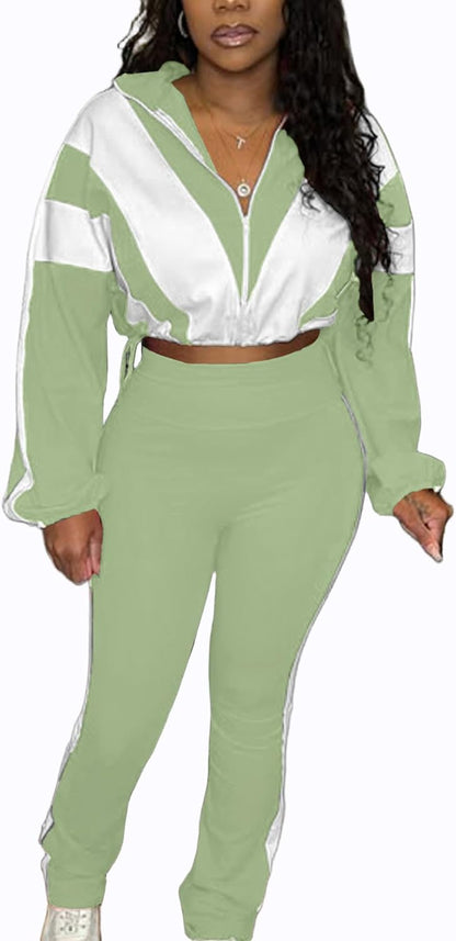 Women 2 Piece Outfit Long Sleeve Zip Up Crop Jacket High Waist Stretchy Pants