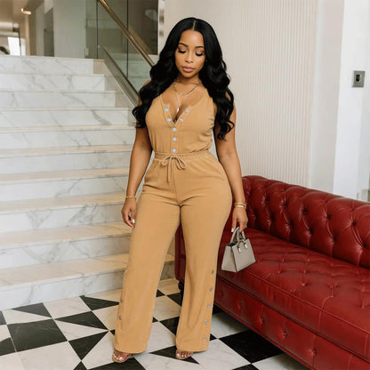 Two Piece Sets for Women Summer Casual Sleeveless Button Crop Top Drawstring Wide Leg Pants Set