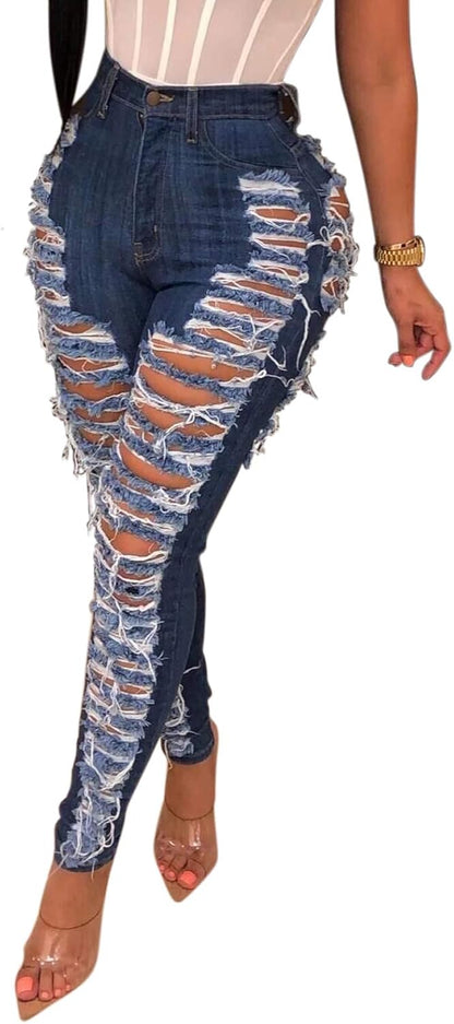Women's Skinny Ripped Jeans Stretch Destroyed Mid High Waist Denim Pants