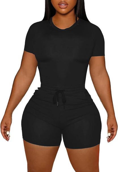 LovelyWholesale Women's Summer 2 Piece Outfits Skinny Shorts Tracksuit Sets