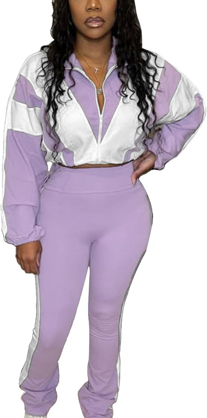 Women 2 Piece Outfit Long Sleeve Zip Up Crop Jacket High Waist Stretchy Pants