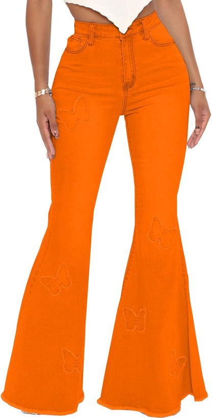 Women's Bell Bottom Jeans Classic Destoryed Ripped Flare Jeans Elastic Waist Raw Hem Denim Pants