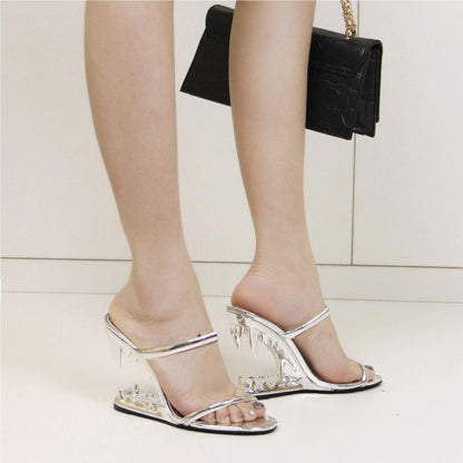 Goiphrri Wedge Sandals for Women Strappy Heels Round Open Toe Heels Metallic Shark Tiger Teeth heeled Sandals Flip Flops Thong Womens Mules Slip on Party Dress Wedding Ceremony