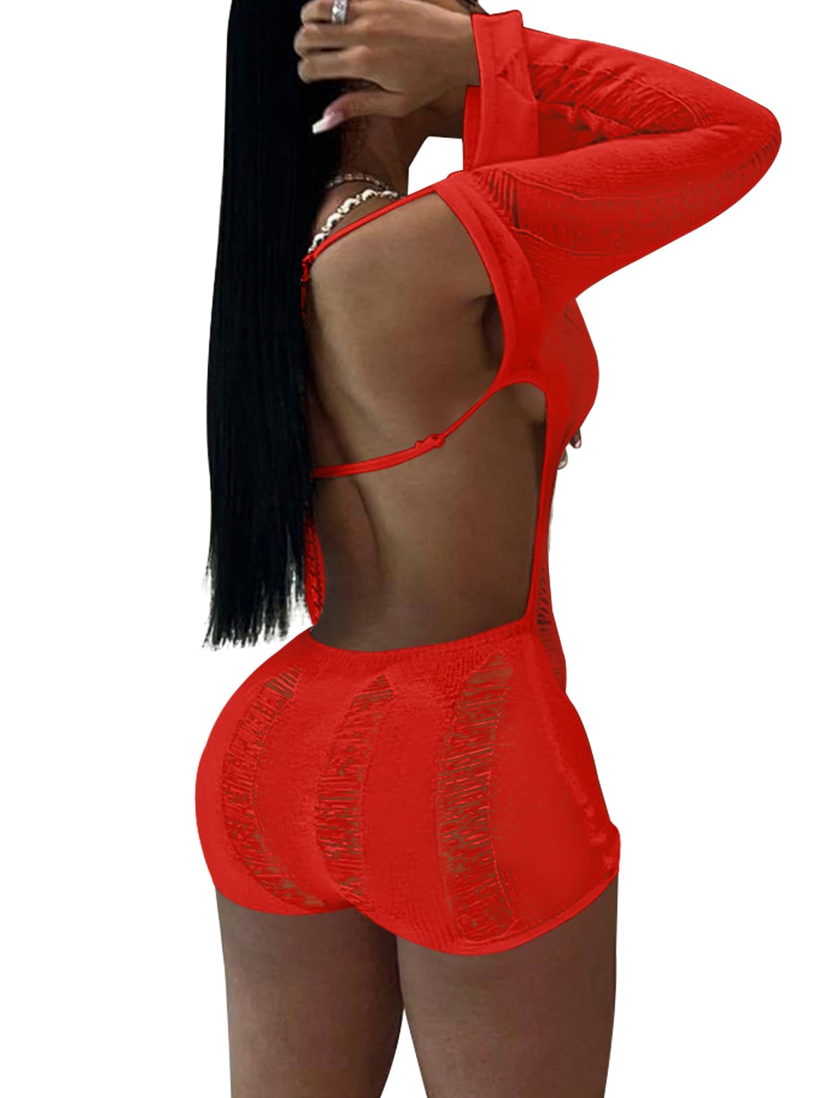 Women Sexy Off Shoulder Crochet Knitted Hollow Out Long Sleeve Romper Backless Bodycon Party Club Night Rompers