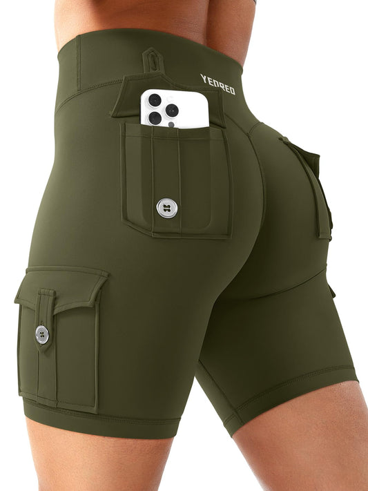 YEOREO CoreFlex Women Workout Biker Shorts with Cargo Pockets Hidden Scrunch High Waisted 8" Inseam Gym Shorts