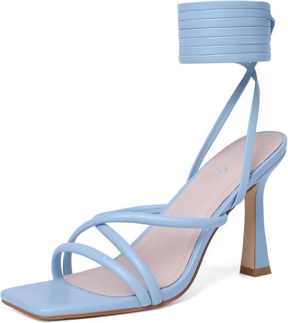 Mostrin Womens Sandals Strappy Heels for Women Lace Up Square Open Toe Heels Tie Up High Heeled Sandals for Prom, Party, Daily Wear