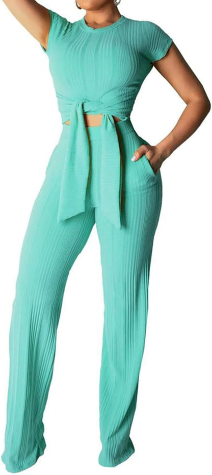 EDITCOZY Women 2 Piece Outfits Sexy Tie Front Crop Top Wide Leg Pants Sets Casual Summer Ribbed Two Piece Set