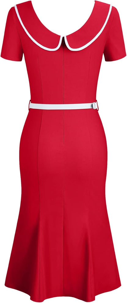 MUXXN Women's Retro 60s Sailor Collar Short Sleeve Pinup Cocktail Work Mermaid Dress with Belt
