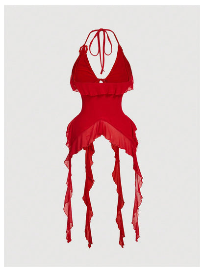 WDIRARA Women's 3D Flower Tie Front Ruffle Trim Halter Top Tie Backless Camisole