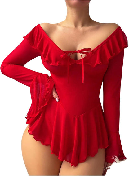 Sexy Lingerie for Women Rave Outfits Clubwear See Through Lingerie Sets Bell Sleeve Ruffle Mesh Tops