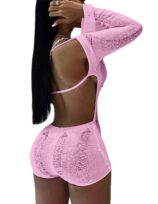 Women Sexy Off Shoulder Crochet Knitted Hollow Out Long Sleeve Romper Backless Bodycon Party Club Night Rompers