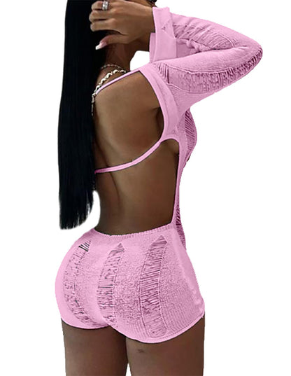 Women Sexy Off Shoulder Crochet Knitted Hollow Out Long Sleeve Romper Backless Bodycon Party Club Night Rompers