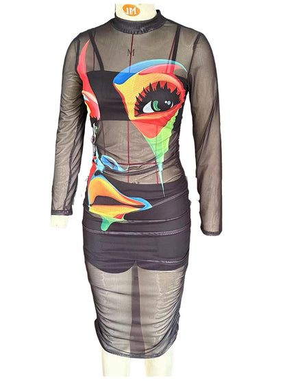 Women Sexy 3 Piece Outfits Set See Through Print Long Sleeve Midi Dress Sheer Mesh Crop Tank Tops Bodycon Skirt