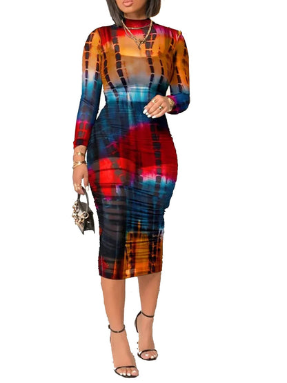 Women Sexy 3 Piece Outfits Set See Through Print Long Sleeve Midi Dress Sheer Mesh Crop Tank Tops Bodycon Skirt