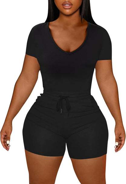 LovelyWholesale Women's Summer 2 Piece Outfits Skinny Shorts Tracksuit Sets