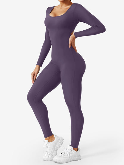 YEOREO Long Sleeve Jumpsuits for Women V Back Bodysuit Workout Full Length Bodycon Scrunch Leggings One Piece Romper