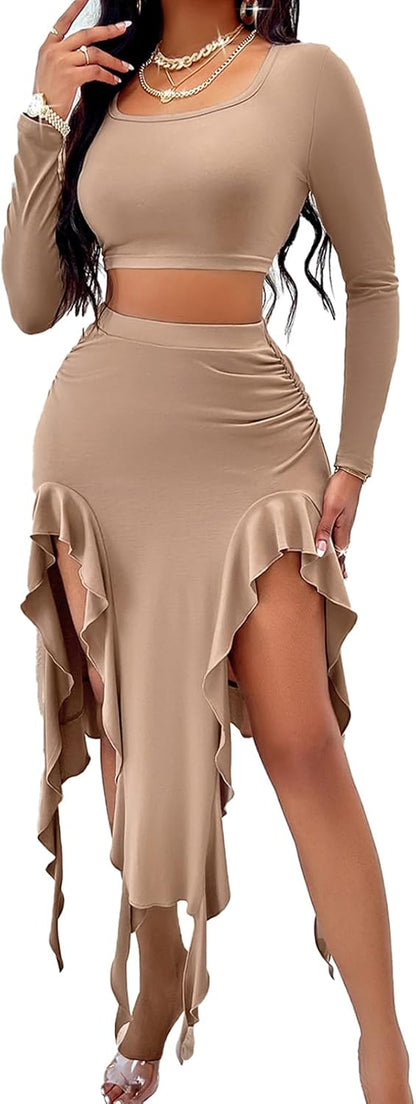 BARASA Women Summer 2 Piece Skirt Sets Comfy Ruffle Trim Irregular Split Sexy Y2k Club Party Tops Jellyfish Skirt Suits S69