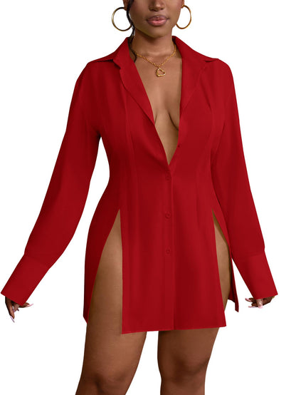 LYANER Women's Button Down Shirt Dress Collar V Neck Long Sleeve Slit Sexy Shirt Dresses