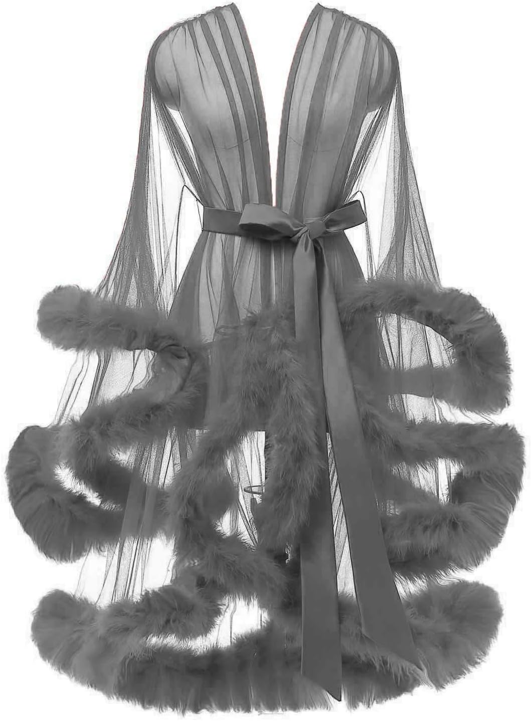 Tulle Feather Robe Sexy Sheer Mesh Fur Bridal Illusion Boudoir Bathrobe Nightgown Christmas Lingerie