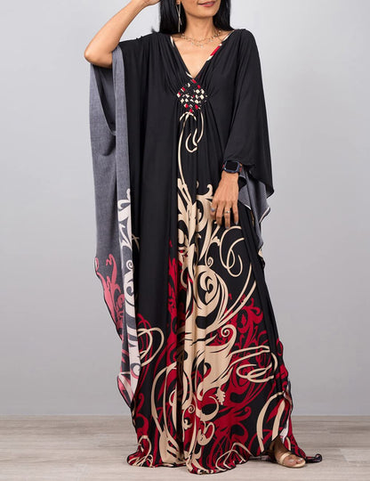 Bsubseach Women Ethnic Print Kaftan Beach Dress Plus Size Swimsuit Cover Up