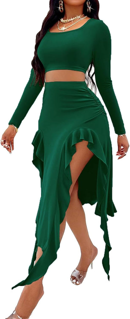 BARASA Women Summer 2 Piece Skirt Sets Comfy Ruffle Trim Irregular Split Sexy Y2k Club Party Tops Jellyfish Skirt Suits S69