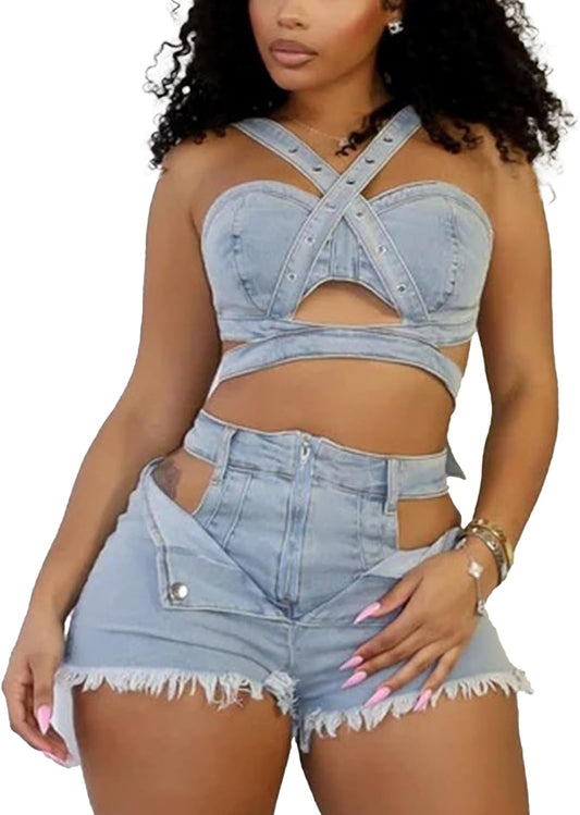Womens Sexy Denim 2 Piece Outfit Stretchy Crop Tank Top Bodycon Shorts Set Hollow Out Jean Vest Club Tracksuit Summer