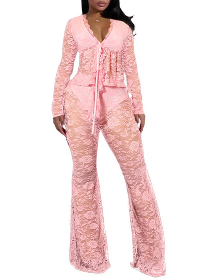 acelyn 2 Piece Lace Outfits For Women Floral Sheer Tie Frone Long Sleeve Crop Top and Flared Pants Y2K Club Outfit