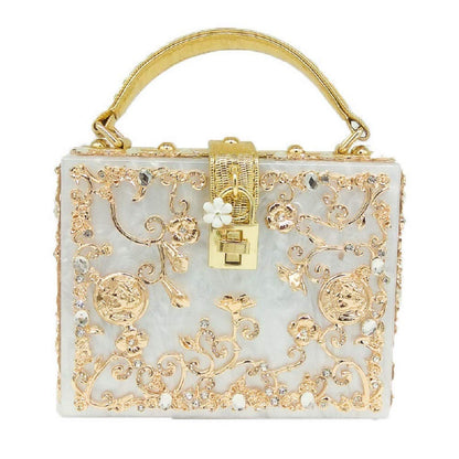 Boutique De FGG Acrylic & Flower Designer Shoulder Bags for Women Crossbody Bag Rhinestones Box Tote Evening Handbags,Small