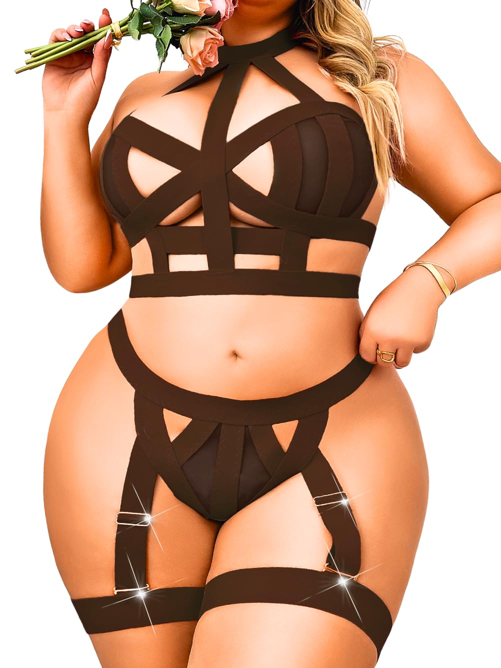 Curvy Lady's Strappy Lingerie For Women, Plus Size Exotic Garter Thong, BBW Halter Gifts For Him 3 Piece Set