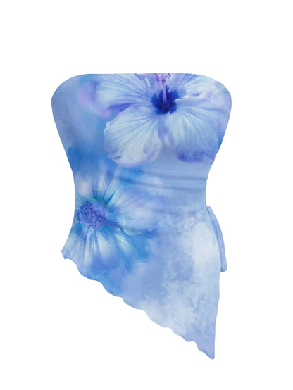 WDIRARA Women's Floral Mesh Strapless Side Ruched Tube Top Asymmetrical Hem Bandeau Crop Tops